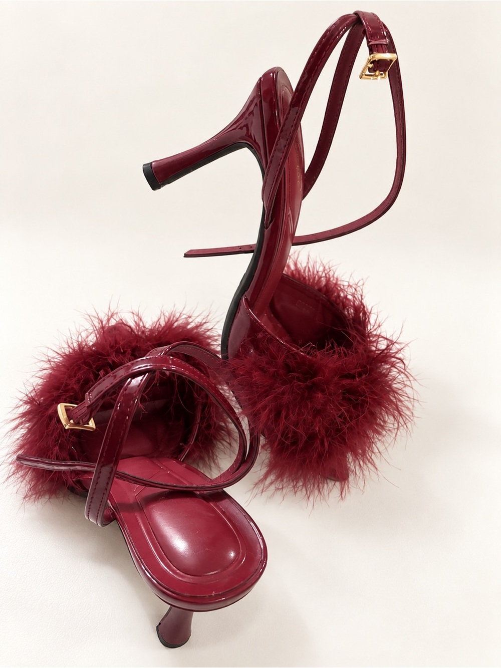 TOP Moda Burgundy Feather Strap Pointed Toe Heels